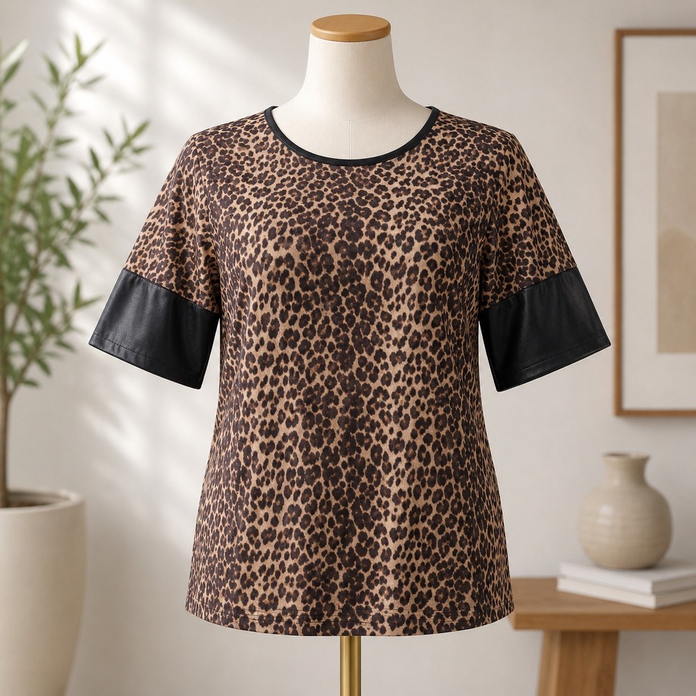 Belle by Kim Gravel Top Womens Large Brown Leopard Print Faux Leather Trim Cuff